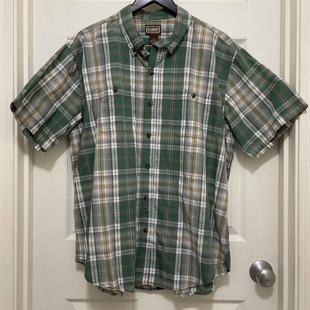C.E. SCHMIDT WORKWEAR Mens Plaid Short Sleeve Button Up Shirt Green Khaki XL